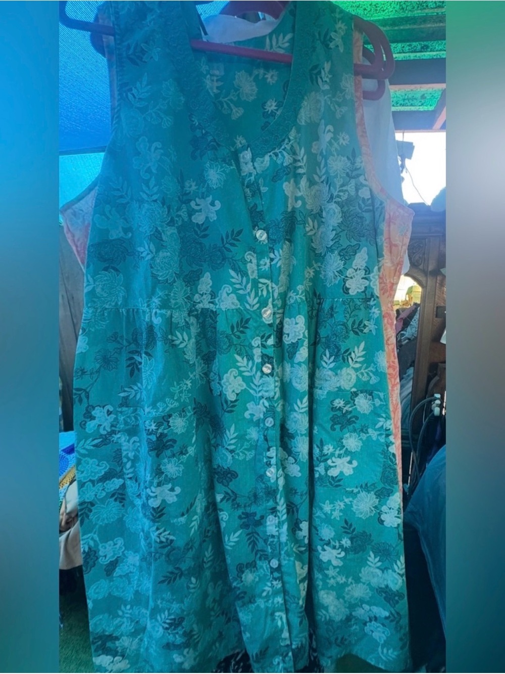 Basic Editions Teal Floral Button-Front Sleeveless Dress
